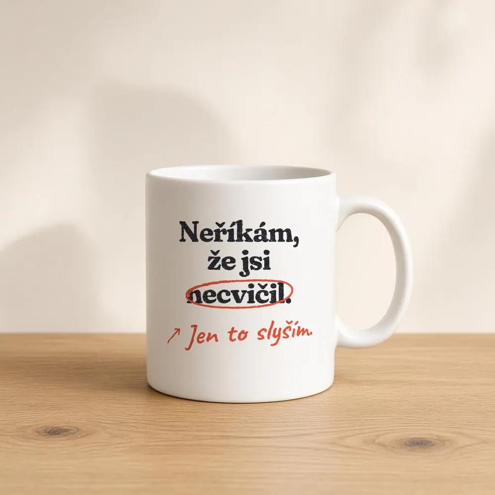 Bílý hrnek s hláškou „Neříkám, že jsi necvičil. Jen to slyším.“