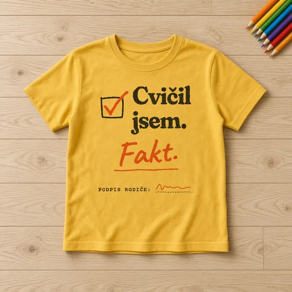 Dětské tričko s hláškou „Cvičil jsem. Fakt. (podpis rodiče: ______)“
