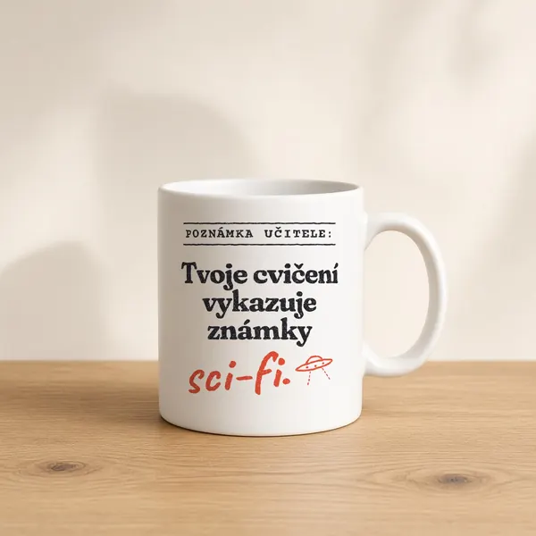 Hrnek s hláškou „Tvoje cvičení vykazuje známky sci-fi.“